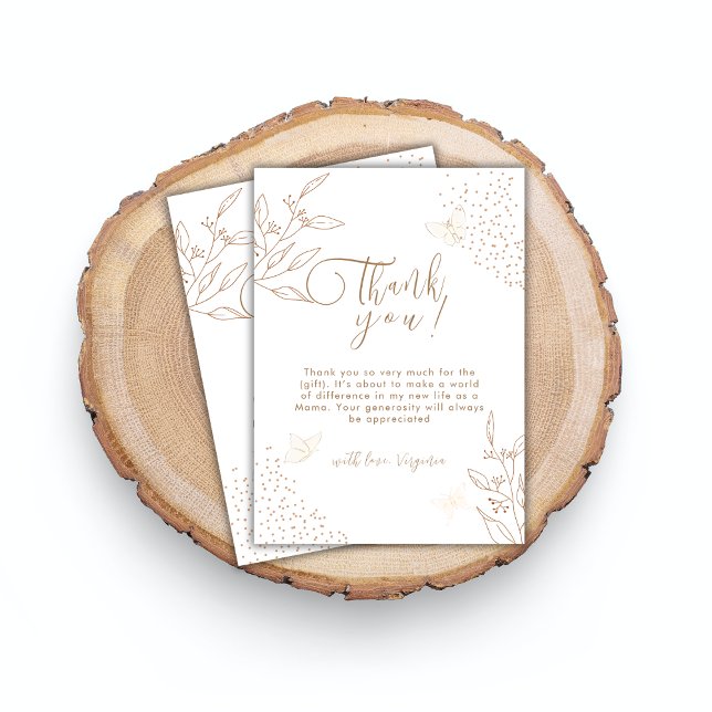 Carte De Remerciements Elégant Feuille  papillon Baby shower (Elegant Gold Leaves Butterfly Baby Shower Thank You Card)