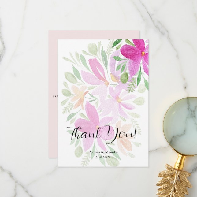 Carte De Remerciements Elégant Fleur sauvage rose aquarelle Art (Devant/Arrière en situation)