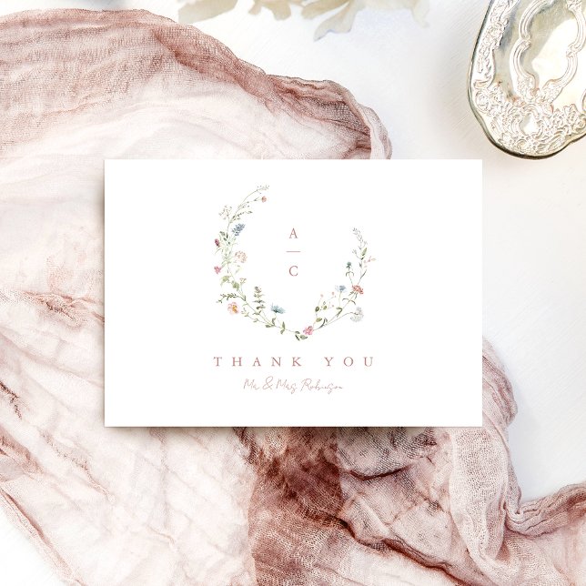 Carte De Remerciements Élégant Fleur sauvage Rustic Boho Mariage monogram (Elegant Wildflower Rustic Boho Wedding monogram Thank You Card)