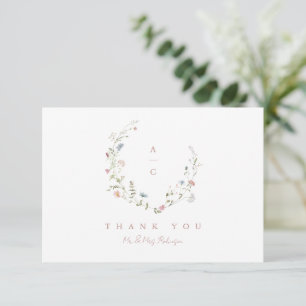 Carte De Remerciements Élégant Fleur sauvage Rustic Boho Mariage monogram