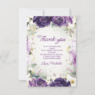 Carte De Remerciements Élégant Fleurs Blanches et Violettes pour un Anniv