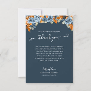 Carte De Remerciements Élégant Floral Automne Bleu Marine Rouille Mariage