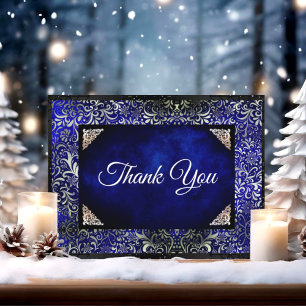 Carte De Remerciements Élégant floral bleu royal faux argent
