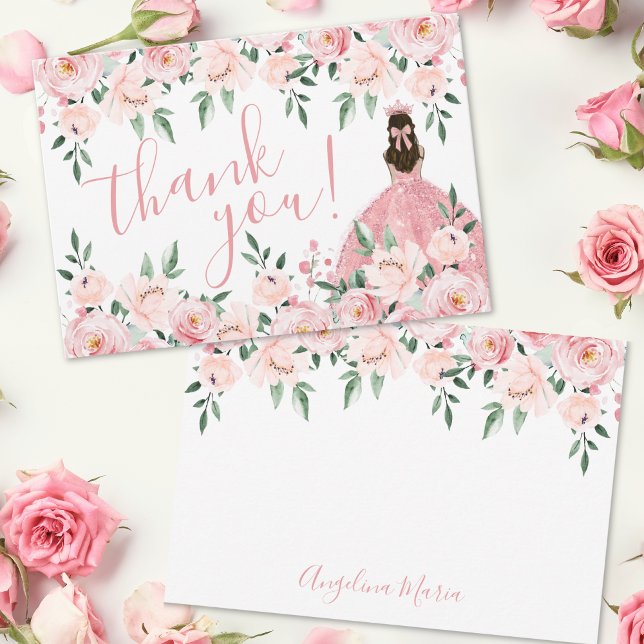 Carte De Remerciements Elégant Floral Blush Pink Quinceañera (Elegant Floral Blush Pink Quinceañera Thank You Card)