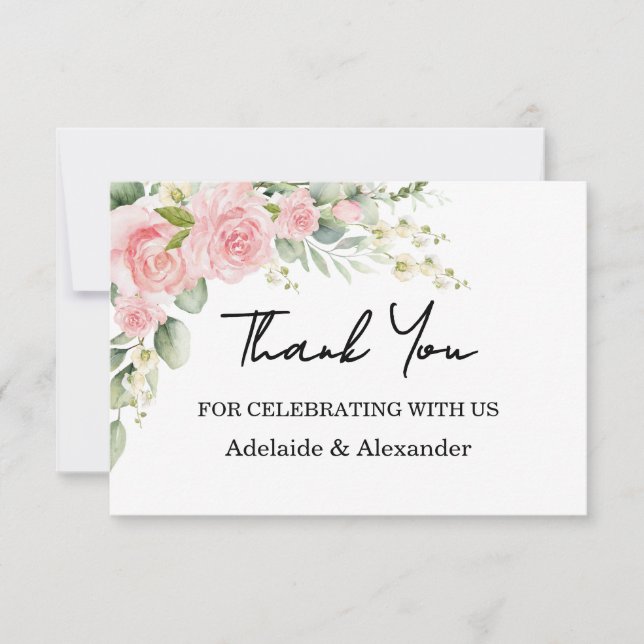 Carte De Remerciements Elegant Floral Botanical Rose Pink Wedding (Devant)