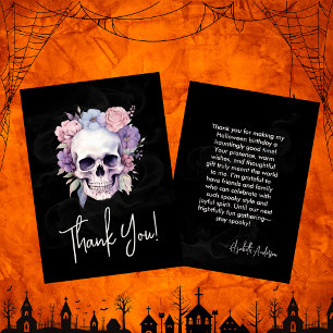 Carte De Remerciements Elégant Floral & Crâne Gothique Halloween Annivers