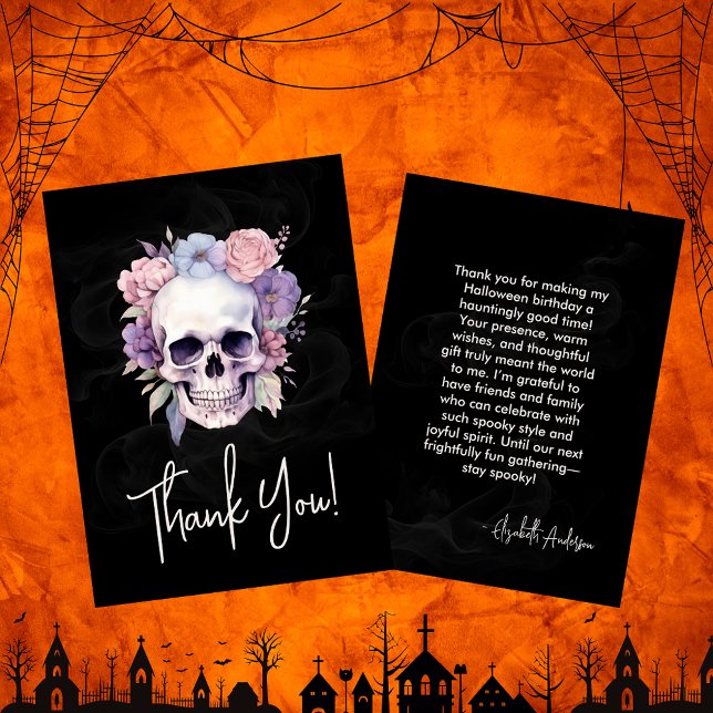 Carte De Remerciements Elégant Floral & Crâne Gothique Halloween Annivers (Créateur téléchargé)