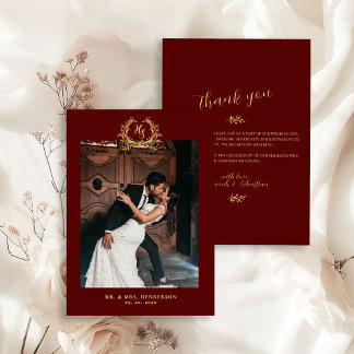 Carte De Remerciements Elegant Floral Crest Burgundy Gold