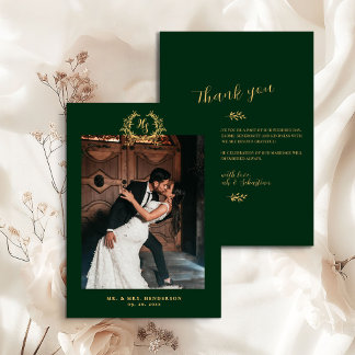 Carte De Remerciements Elegant Floral Crest Emerald Gold