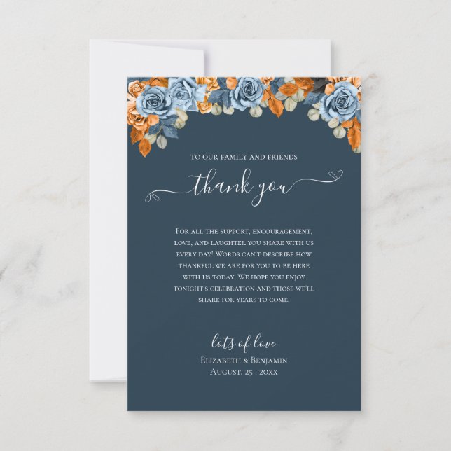 Carte De Remerciements Elégant Floral Fall Navy Blue Rust Mariage Boho (Devant)