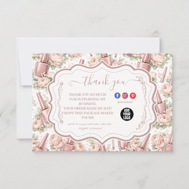 Carte De Remerciements Elegant Floral Nail Artist Business (Devant)