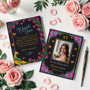 Carte De Remerciements Elégant Floral Peacock Folk Art Fiesta Quinceanera
