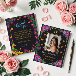 Carte De Remerciements Elégant Floral Peacock Folk Art Fiesta Quinceanera