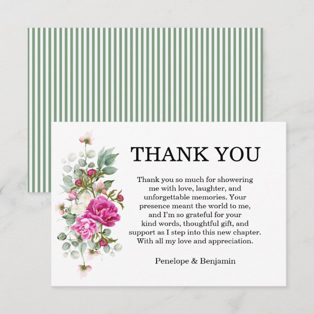Carte De Remerciements Elegant Floral Pink Peony Monogram Wedding (Devant / Derrière)
