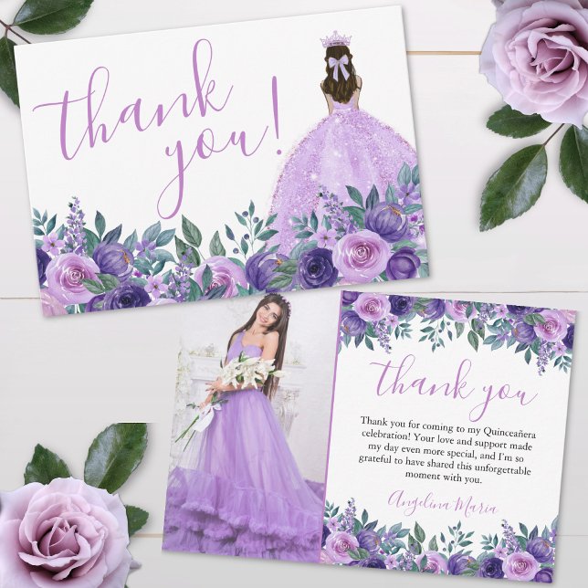 Carte De Remerciements Elégant Floral Purple Quinceañera Photo (Elegant Floral Purple Quinceañera Photo Thank You Card)