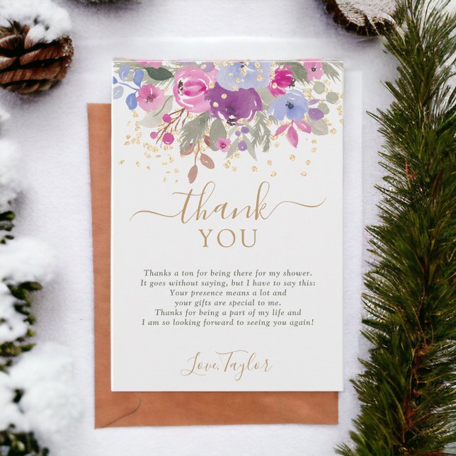 Carte De Remerciements Élégant floral violet or hiver Mariage Shower (Elegant Purple Gold Winter Floral Bridal shower Thank You Card)