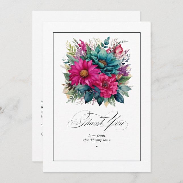 Carte De Remerciements Elégant Fuchsia et Mariage vert émeraude (Devant / Derrière)