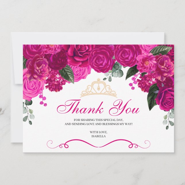 Carte De Remerciements Élégant Fuchsia Or rose Quinceanera Floral que (Devant)