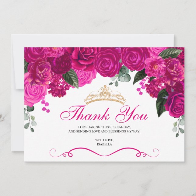 Carte De Remerciements Elégant Fuchsia Pink Or Floral Quinceanera (Devant)