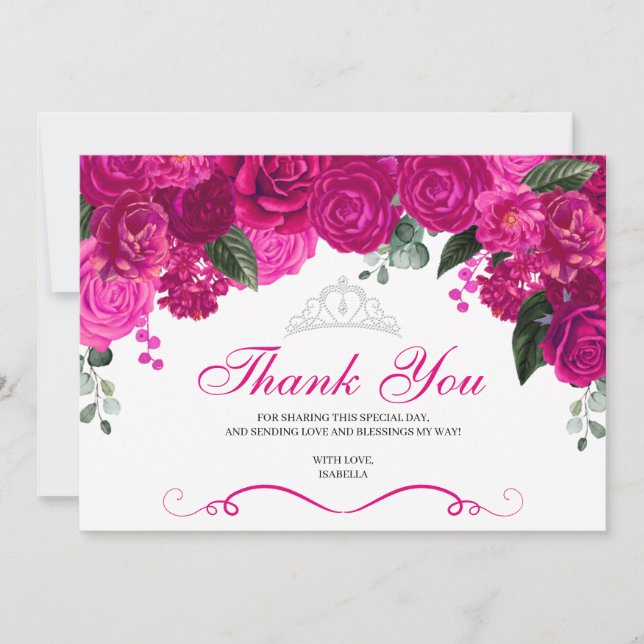 Carte De Remerciements Elégant Fuchsia Rose Argent Floral Quinceanera E (Devant)