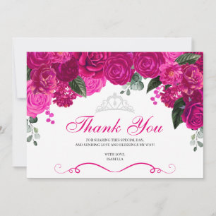 Carte De Remerciements Elégant Fuchsia Rose Argent Floral Quinceanera E