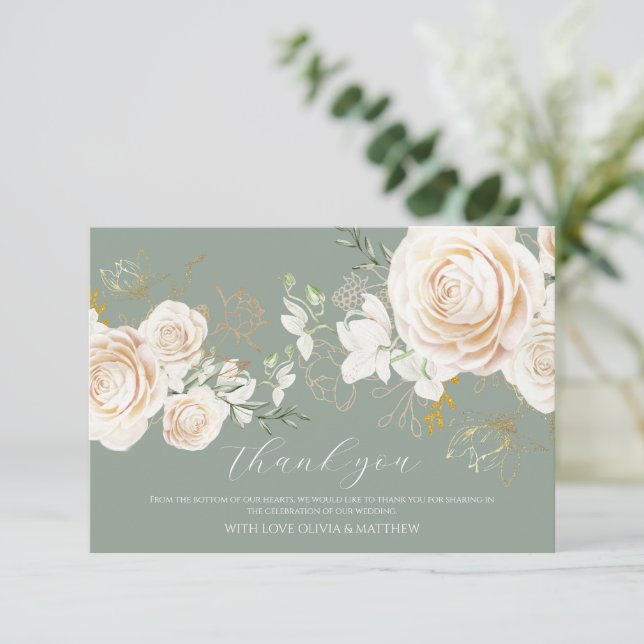 Carte De Remerciements Elegant Garden Roses Sage Green Gold Wedding (Debout devant)