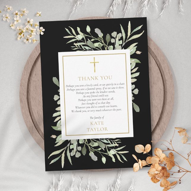 Carte De Remerciements Elégant Gold Black Greenery Poème funéraire (Elegant Gold Black Greenery Funeral Poem Thank You Card)