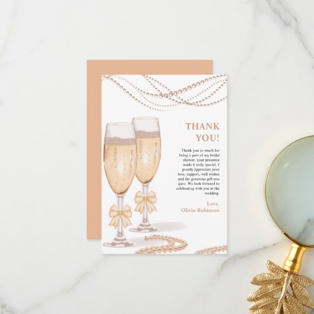 Carte De Remerciements Elegant Gold Bow Pearls and Prosecco Bridal Shower (Devant/Arrière en situation)