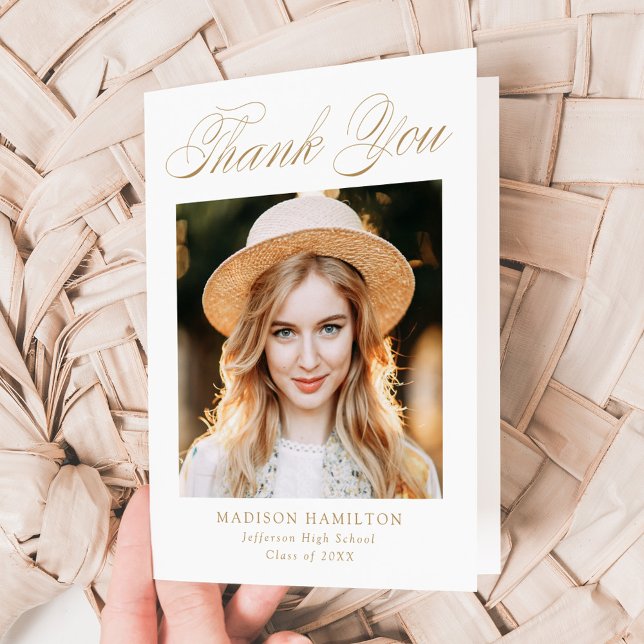 Carte De Remerciements Élégant Gold Calligraphy Photo Graduation (Créateur téléchargé)