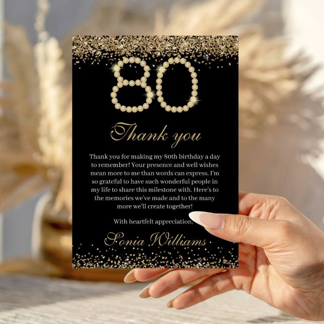 Carte De Remerciements Elegant Gold Diamonds 80th Birthday Thank You Card (Elegant  black and Gold 80th Birthday Thank you card)