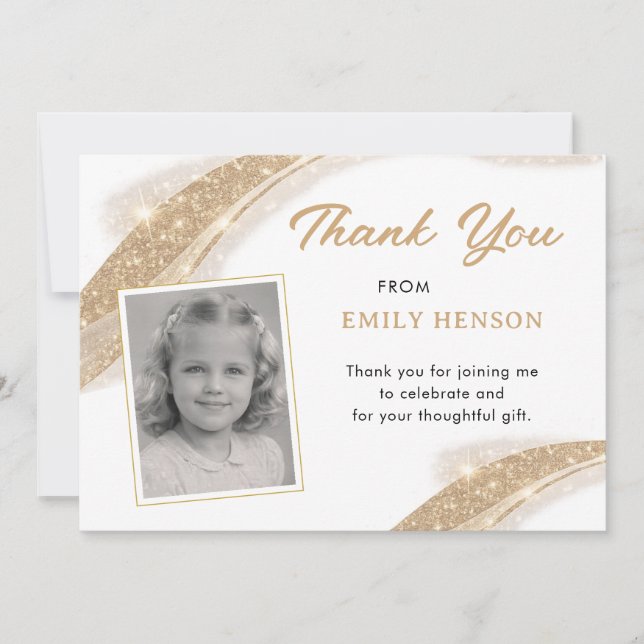 Carte De Remerciements Elegant Gold Glitter Photo Birthday (Devant)