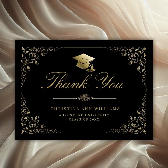 Carte De Remerciements Élégant Gold Ivy Script Black Graduation (Elegant Ivy Gold Leaf Graduation Thank You Card)