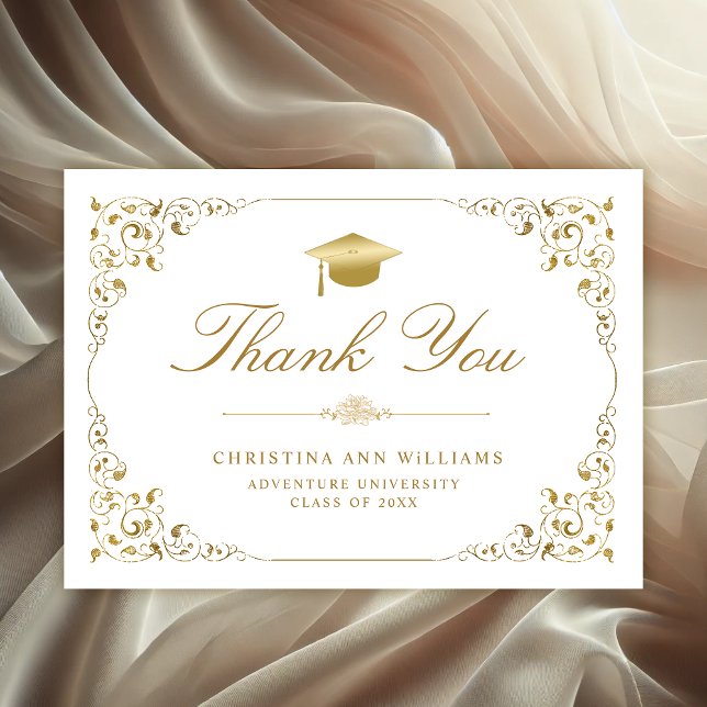 Carte De Remerciements Élégant Gold Ivy Script White Graduation (Elegant white and gold ivy leaf Graduation Thank you card)