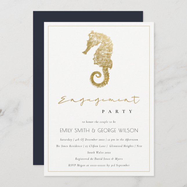 CARTE DE REMERCIEMENTS ELEGANT GOLD NAVY SEAHORSE ENGAGEMENT PARTI INVITA (Devant / Derrière)