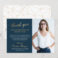 Élégant Gold Script Navy Blue Graduation Photo Tha