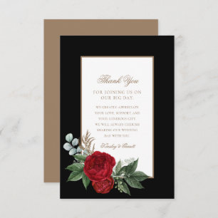 Carte De Remerciements Élégant Gold Script Red Peonies Noir & Blanc