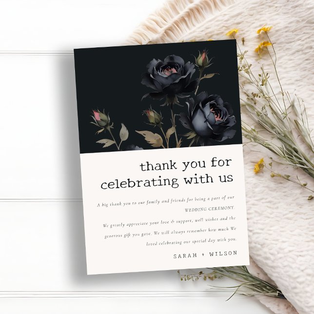 Carte De Remerciements Elégant gothique noir Rose noir Mariage (Créateur téléchargé)