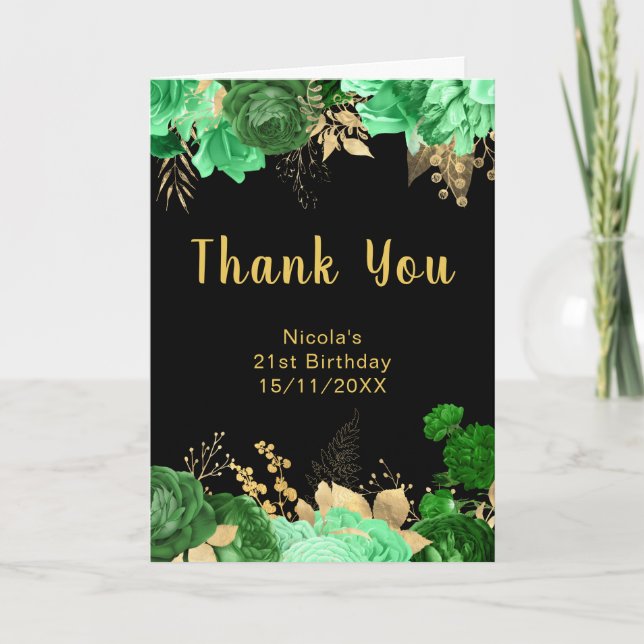 Carte De Remerciements Elegant Green and Gold Flowers Birthday Party (Devant)