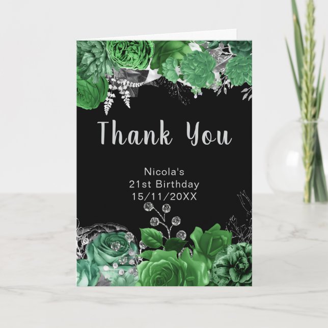 Carte De Remerciements Elegant Green and Silver Flowers Birthday Party  (Devant)