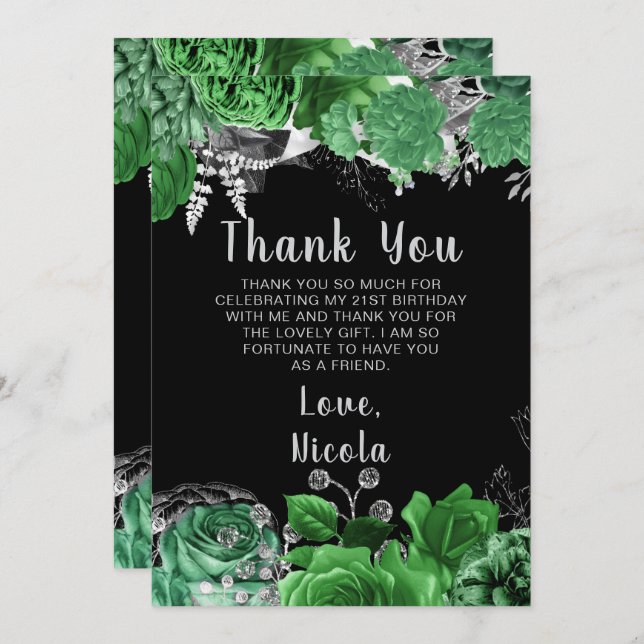 Carte De Remerciements Elegant Green and Silver Flowers Birthday Party  (Devant / Derrière)