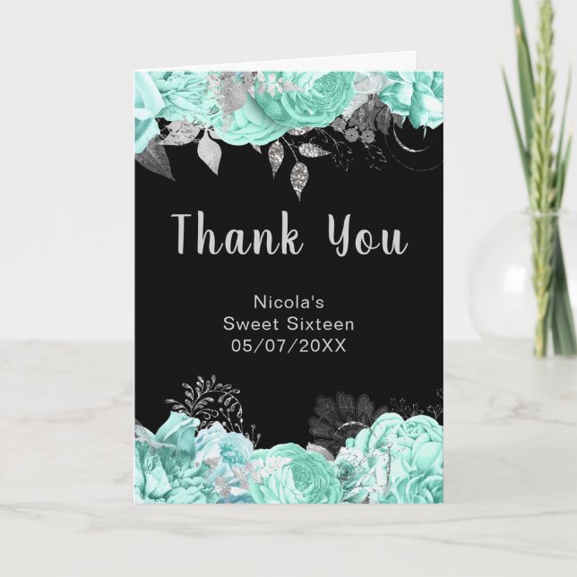 Carte De Remerciements Elegant Green and Silver Flowers Sweet Sixteen (Devant)