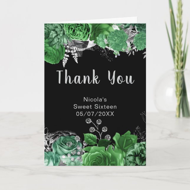 Carte De Remerciements Elegant Green and Silver Flowers Sweet Sixteen  (Devant)