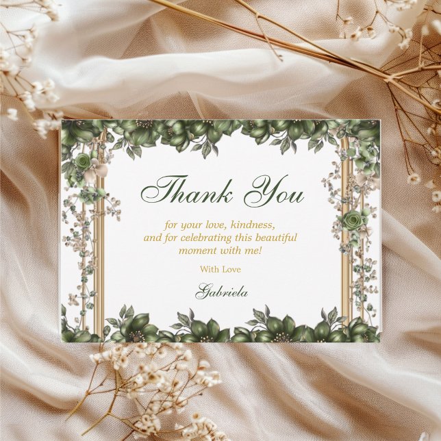 Carte De Remerciements Elegant Green Golden Tiara Floral Quinceañera (Créateur téléchargé)