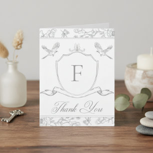 Carte De Remerciements Elegant Grey Chinoiserie Bird & Crest Mariage
