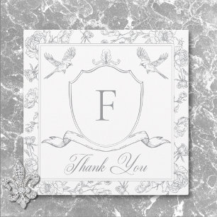 Carte De Remerciements Elegant Grey Chinoiserie Bird & Crest Mariage