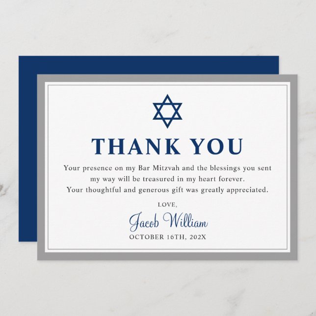 Carte De Remerciements Elegant Grey et Navy Blue Bar Mitzvah (Devant / Derrière)