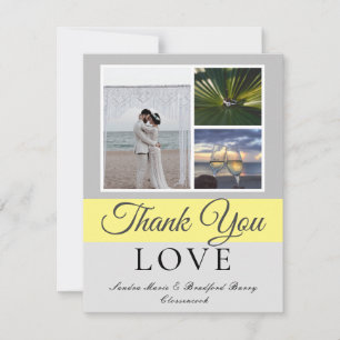 Carte De Remerciements Élégant Gris Jaune Script Mariage Photo collage