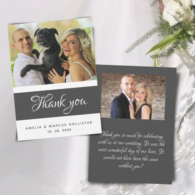 Carte De Remerciements Élégant gris Script 2 Photo Mariage  (Créateur téléchargé)