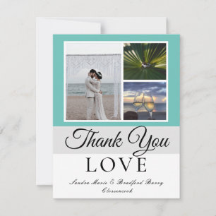 Carte De Remerciements Elégant Gris Turquoise Script Mariage Photo collag