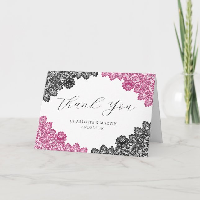 Carte De Remerciements Elegant Hot Pink and Black Floral Lace Wedding (Devant)